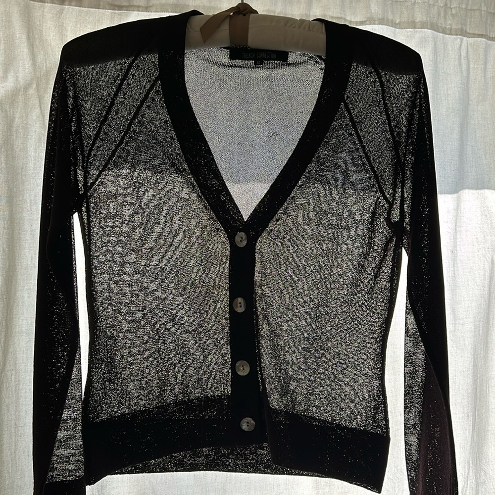 Vintage French Connection Cardigan, Sheer, Viscose Knit, Shell Buttons